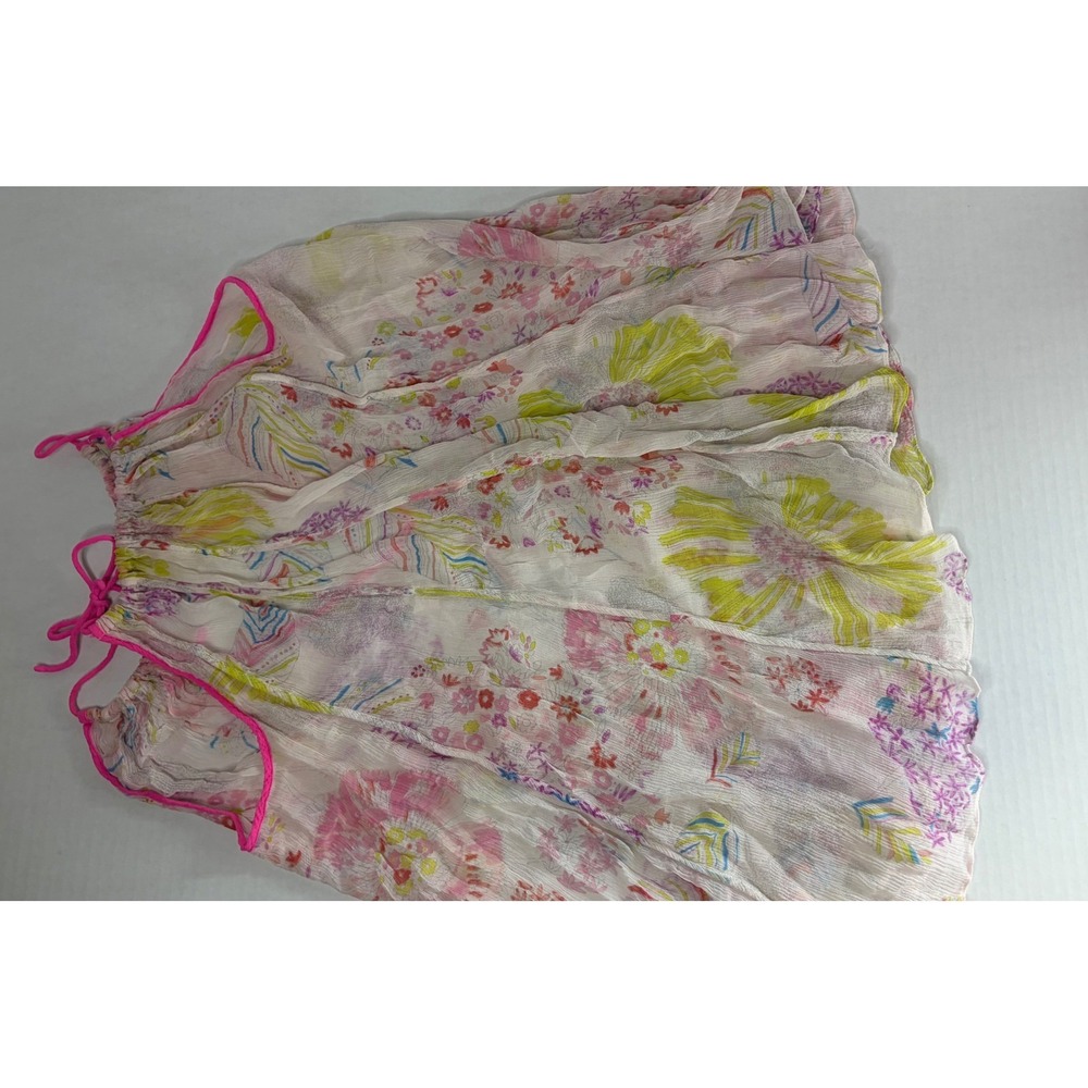 100% Silk Floral Camisole Tank Top Pink Piping Keyhole Tie Sheer Multi Color - Picture 8 of 11